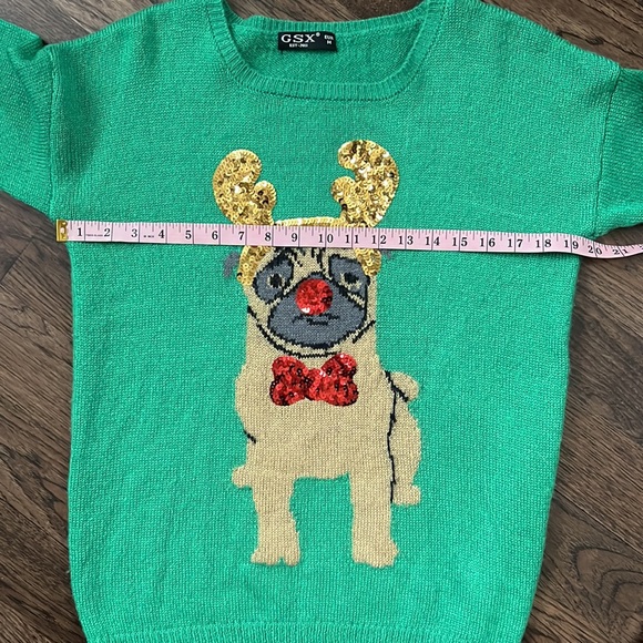 GSX Sequined “Reindeer” Pug Kelly Green Christmas sweater - Picture 6 of 11